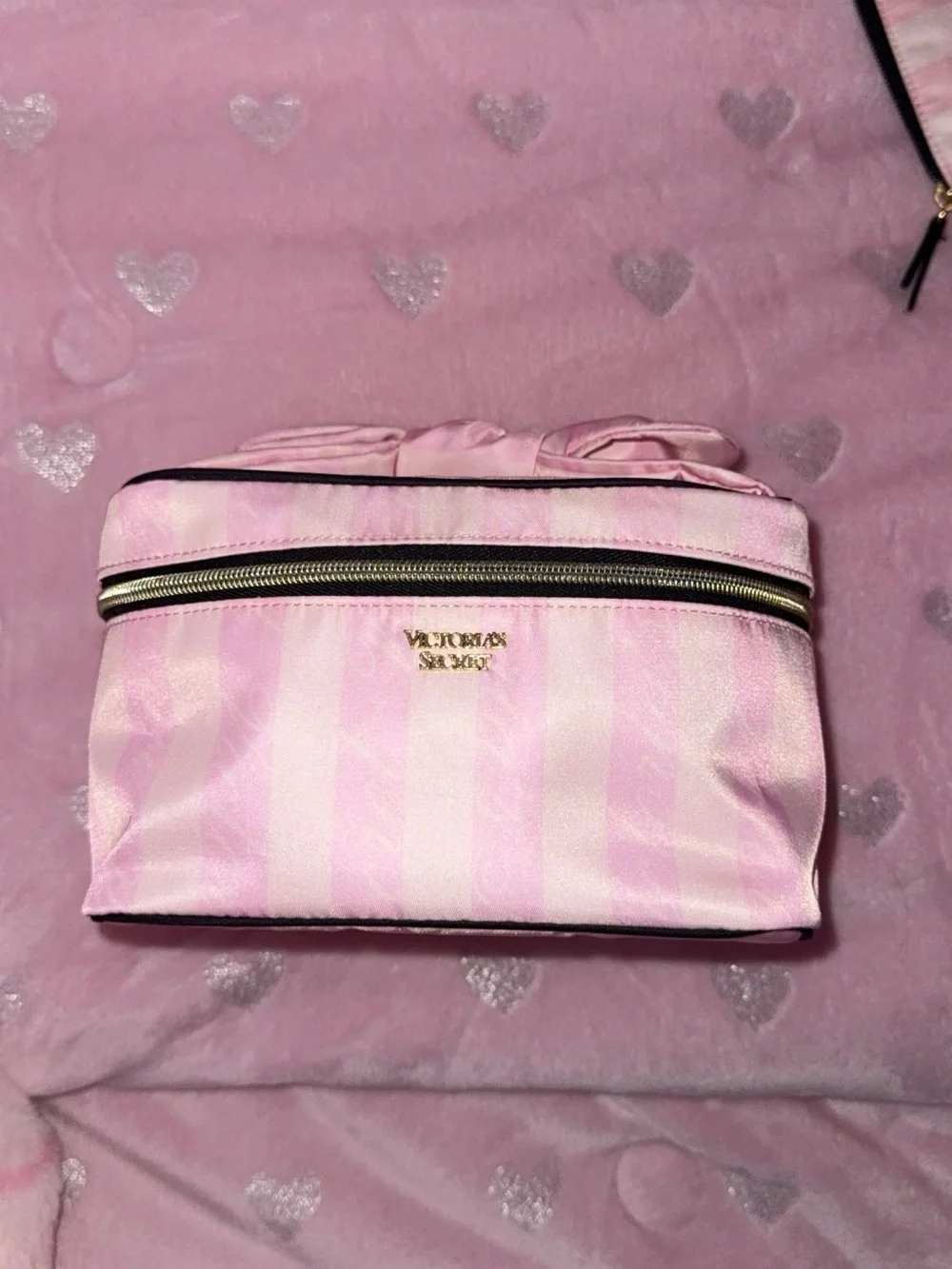 RARE Victoria's Secret Pink Striped Bow Cosmetic Case